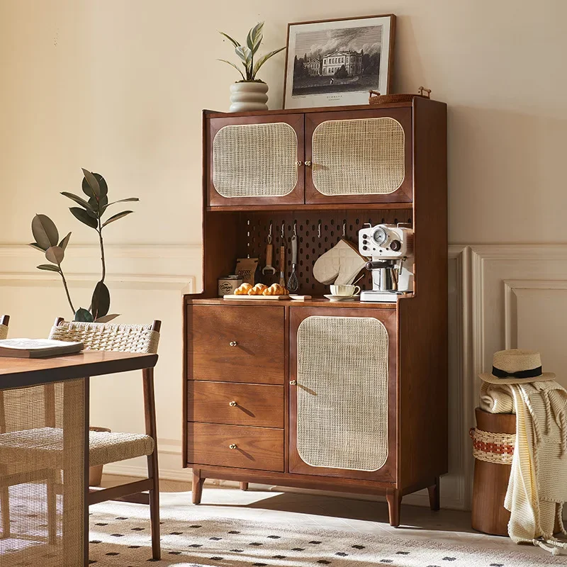 Solid wood rattan dining side cabinet, small apartment, dining room, large capacity, double layer with drawers, retro, locker