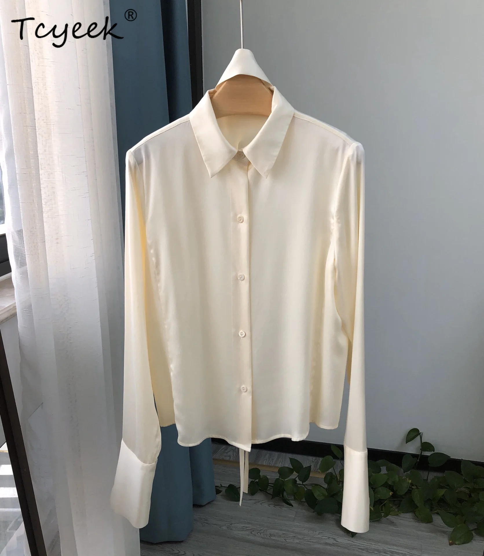 

Tcyeek 20MM 100%Real Silk Shirt for Women, Satin Long Sleeve Choker, Elegant Fashion Blouses, 2024 Spring New Tops T41577QM