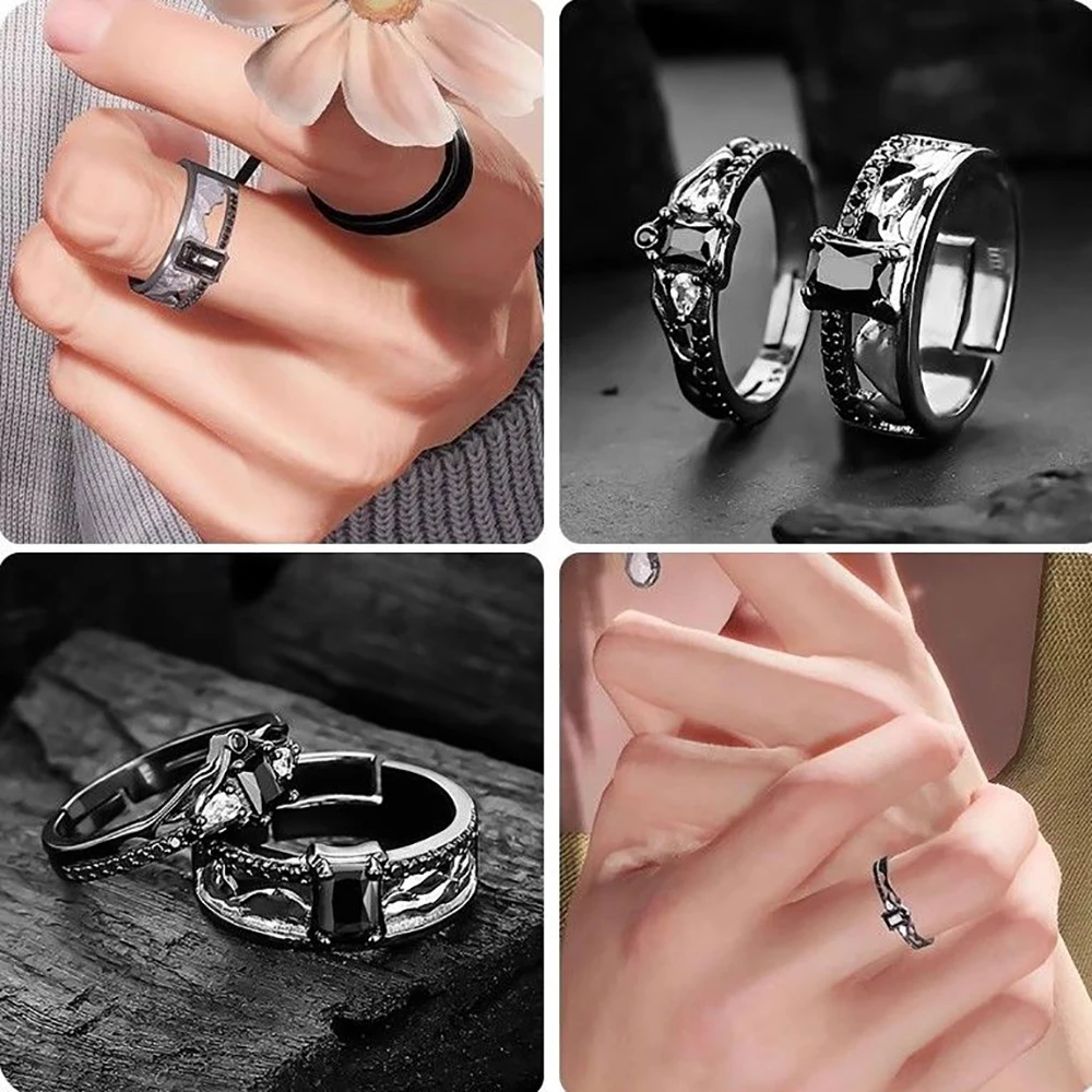 Game Love And Deepspace Sylus Rings Cosplay Black Gemstone Couple Ring Alloy Adjustable Jewelry Accessories Christmas Gift