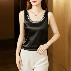 Fashion Satin Blouse Women Tank Tops Pearl Button Fashion Womens Tops Suit Bottom Shirt O-neck Elegant Women Clothing OL Blouses