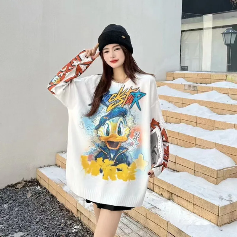 Nova chegada das mulheres disney mickey mouse oversized camisola branca-all-over cartoon gráfico na moda casual manga longa pulôver
