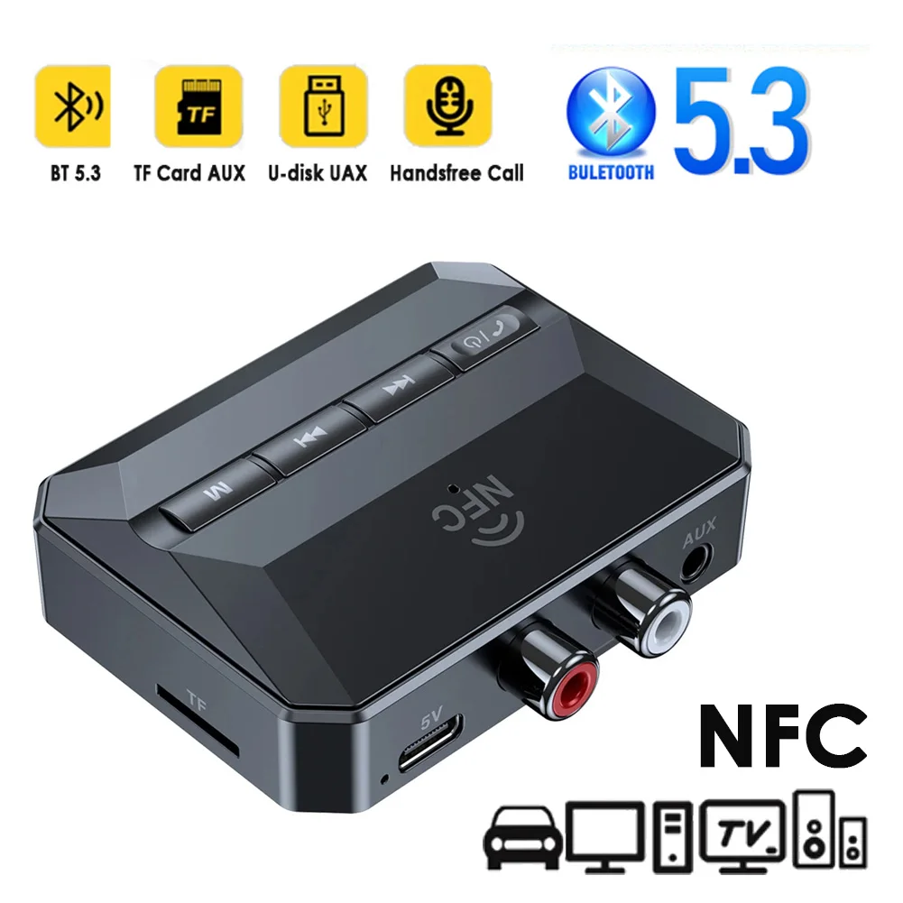 Bluetooth 5.3 Audio Receiver NFC HIFI Stereo Lossless Music Wireless Adapter 3.5mm AUX RCA R/L USB U-Disk/TF Card Play With Mic