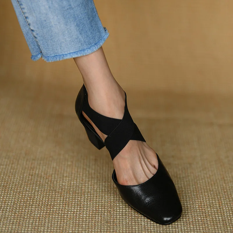 Women Pumps French Style Cowhide Summer Shoes Cross-Tied Woman Sandals Lady Spring Autum Retro Pumps Thick Heel 6.5 CM Round Toe