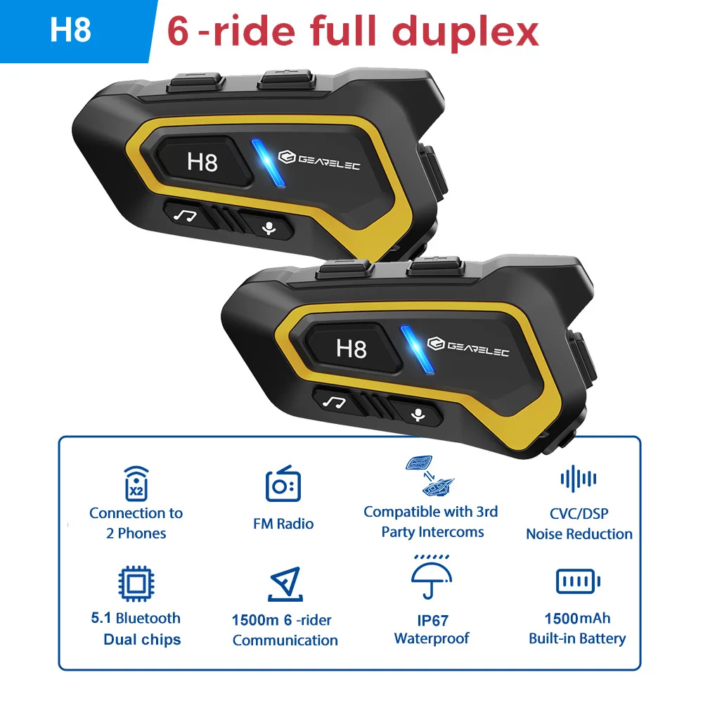 

GEARELEC мотоциклетный домофон, шлем, Bluetooth-гарнитура, 6 гонщиков, 1500 м, FM-радио, совместное использование музыки, МОТО-коммуникатор, домофон