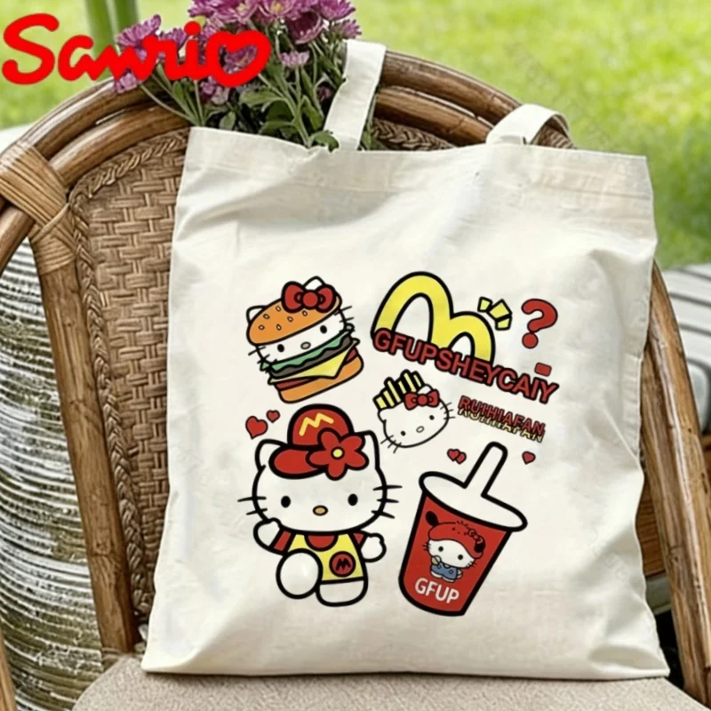 

1PC Sanrio Hello Kitty Canvas Tote Bag Double-sided Fast Food Print Eco-friendly Reusable Shoulder Bag