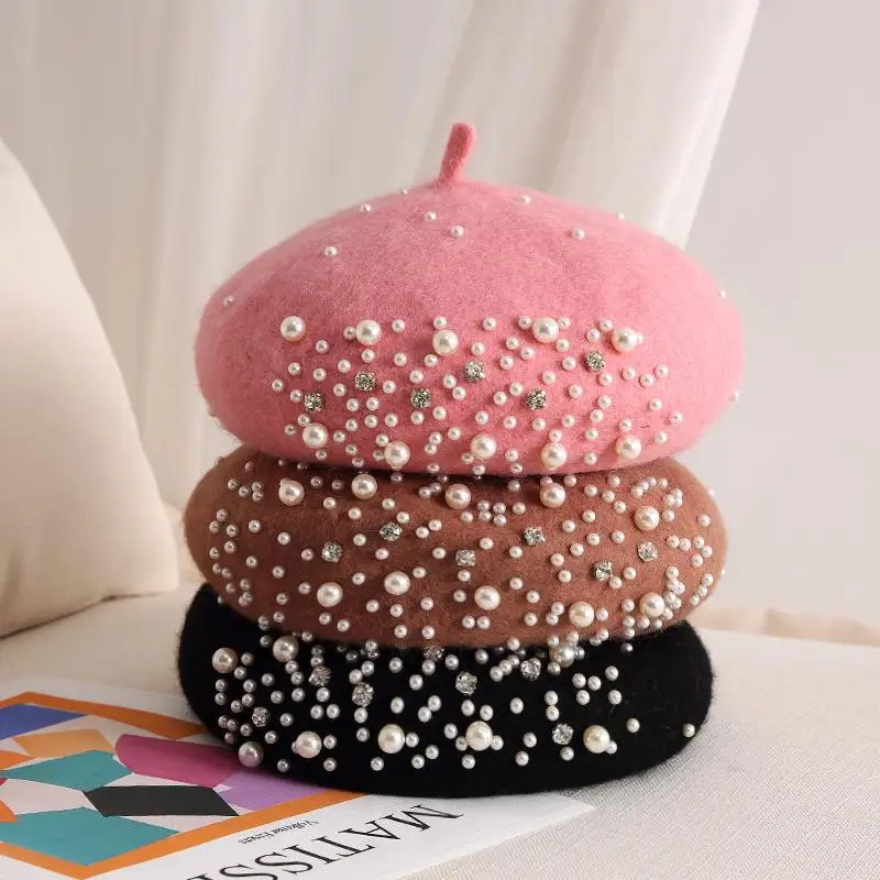 Woolen pearl beret woman Autumn-winter Korean all-matching Japanese painter hat British retro pumpkin hat woman