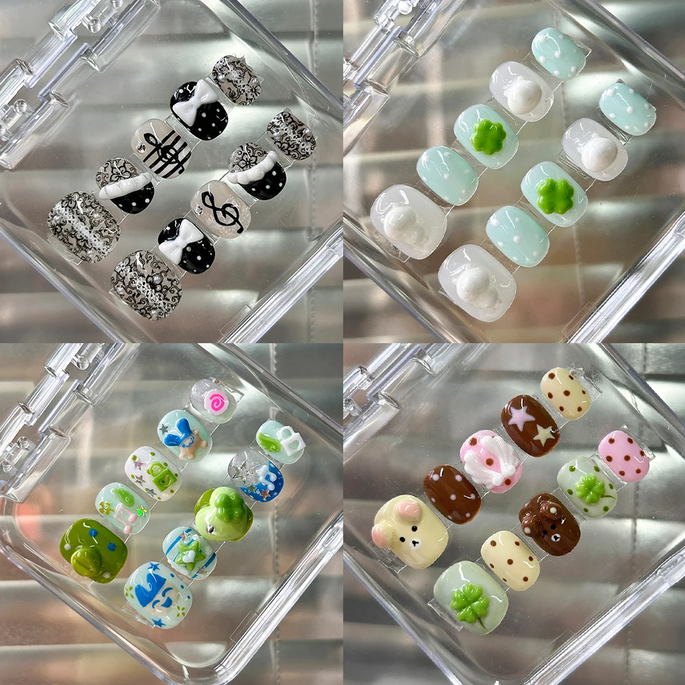 

Kawaii 3D Cartoon Rilakkuma Bear Short Handmade Nails Star Polka Point Cute Music Note Wings Four-Leaf Clover Press On Nails