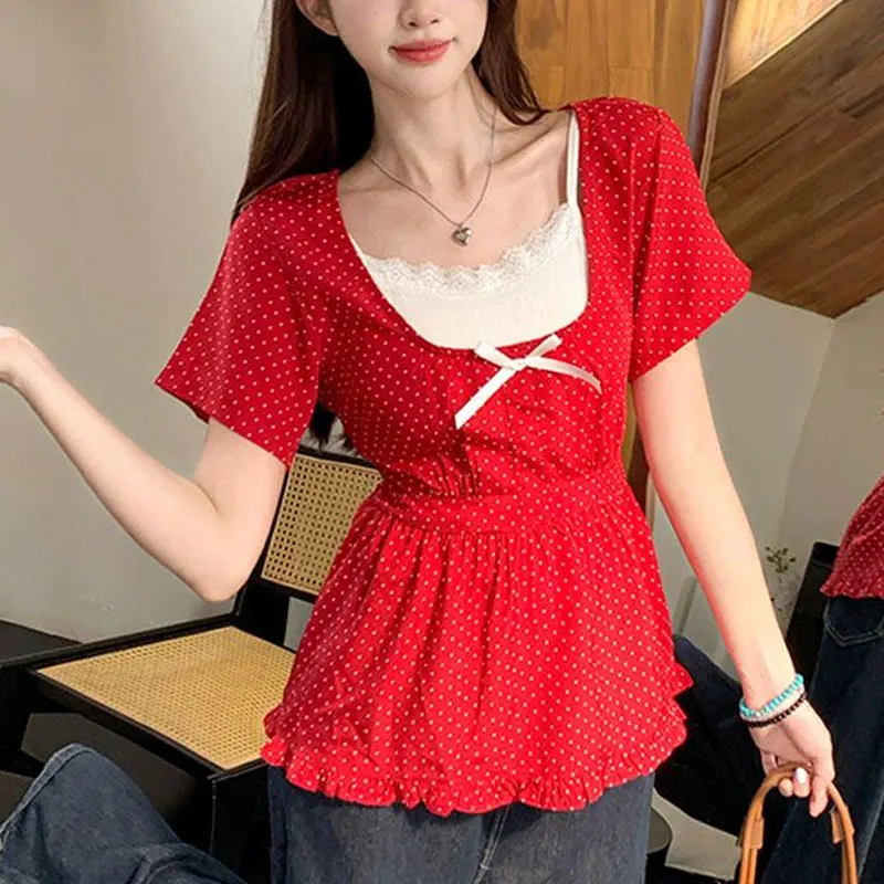 Polka Dot Stylish Bow Waist Shirts Female clothing Two Piece Set Summer New Square Collar Vintage Short Sleeve Lace Folds Blouse