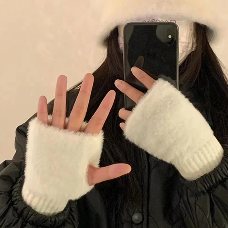 Adult Teens Furry Plush Knitted Gloves Winter Thickened Warm Fleece Lined Mittens Half Finger Gloves for School Office Daily Use