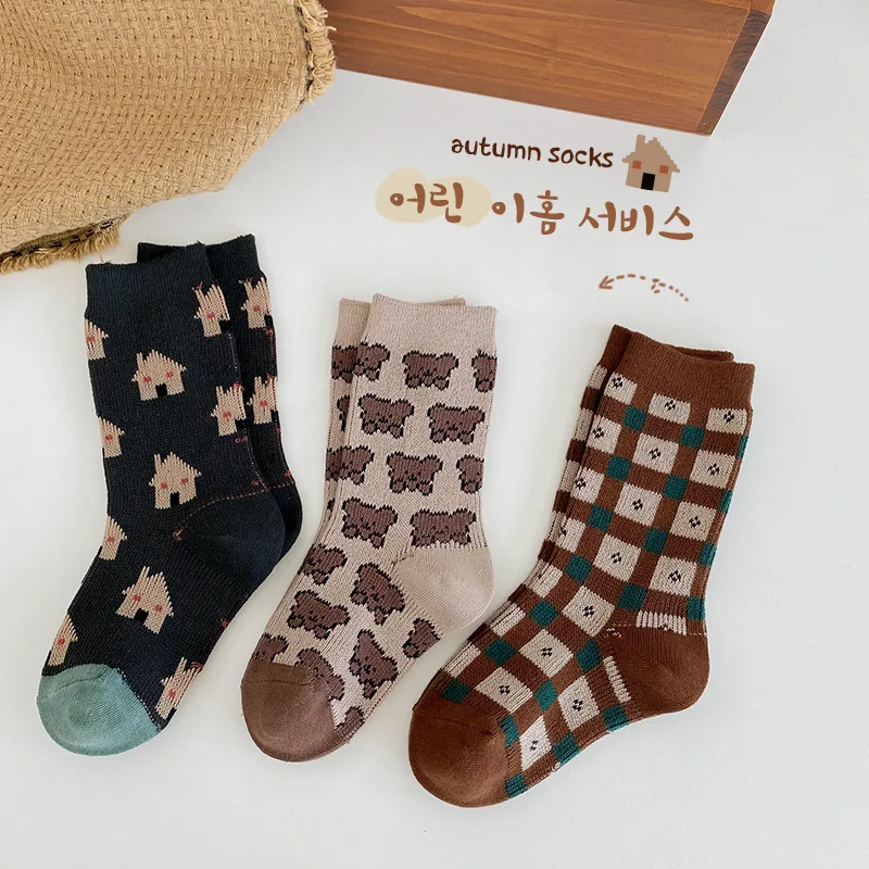 

Children's Socks Autumn Winter Socks Boys Girls Cute Cartoon Bear Pattern Sock Calf-Length Warm Cosy Kids Socks 3 Pairs