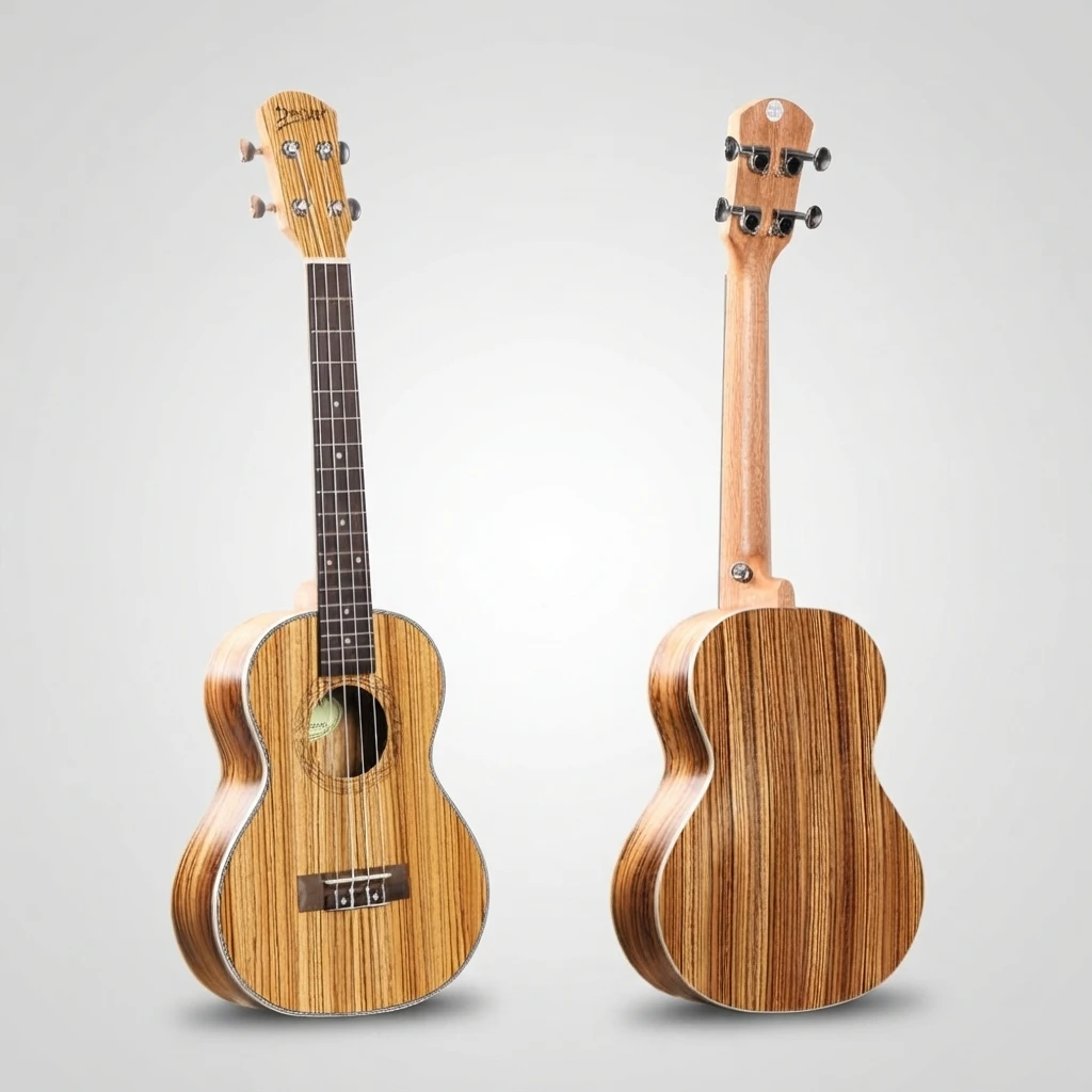 Complete Zebra Grain Soprano Ukulele, Black Closed Tuners, 4 Strings, Multi Layer Binding, Decorative Rosette for Beginners