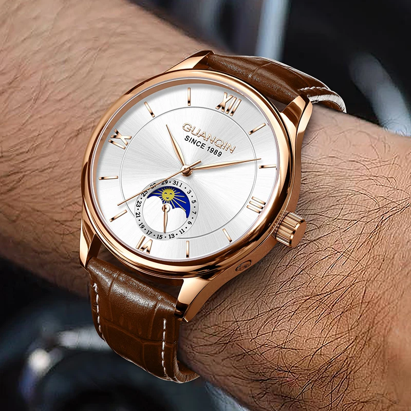 Мужские часы GUANQIN, роскошные автоматические механические стальные кожаные часы с календарем и фазой Луны, деловые водонепроницаемые мужские часы для отдыха