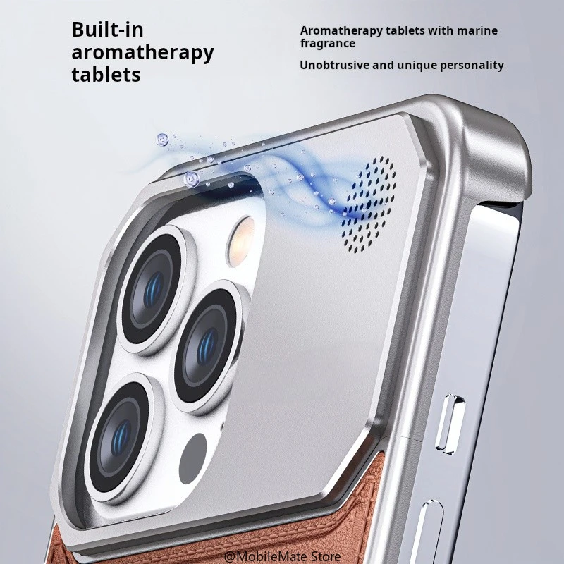 Aluminum Alloy and Leather with Aromatherapy Iphone 15 Pro Magnetic Case Heat Dissipation Easy To Install for 15 Pro max