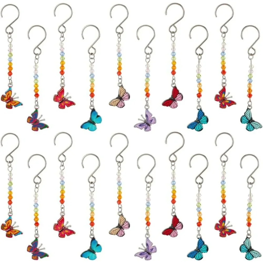 20Pcs Mini Butterfly Ornaments, 10 Colors Butterfly Tree Ornaments with Hooks, Glass Bead Hanging Ornaments with Enamel Pendant