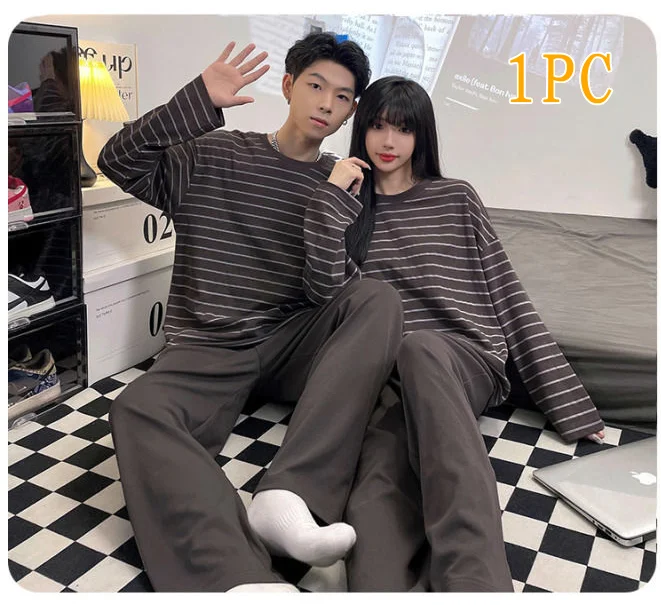 Cotton Couple Pajamas Set Women Men Long Sleeves Pants Home Clothing Casual Loose Sleepwear Cartoon Striped Plaid Loungewear 3XL