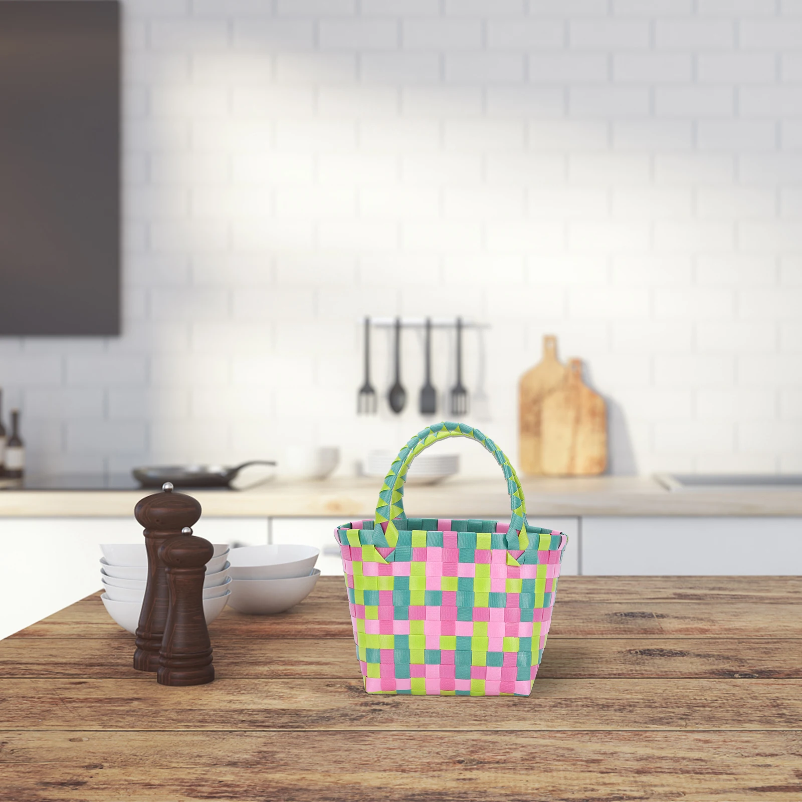 

1pc Colorful Plastic Baskets Lightweight Portable Storage Basket Retro Square Women Beach Bag Snack Holder Green Storage