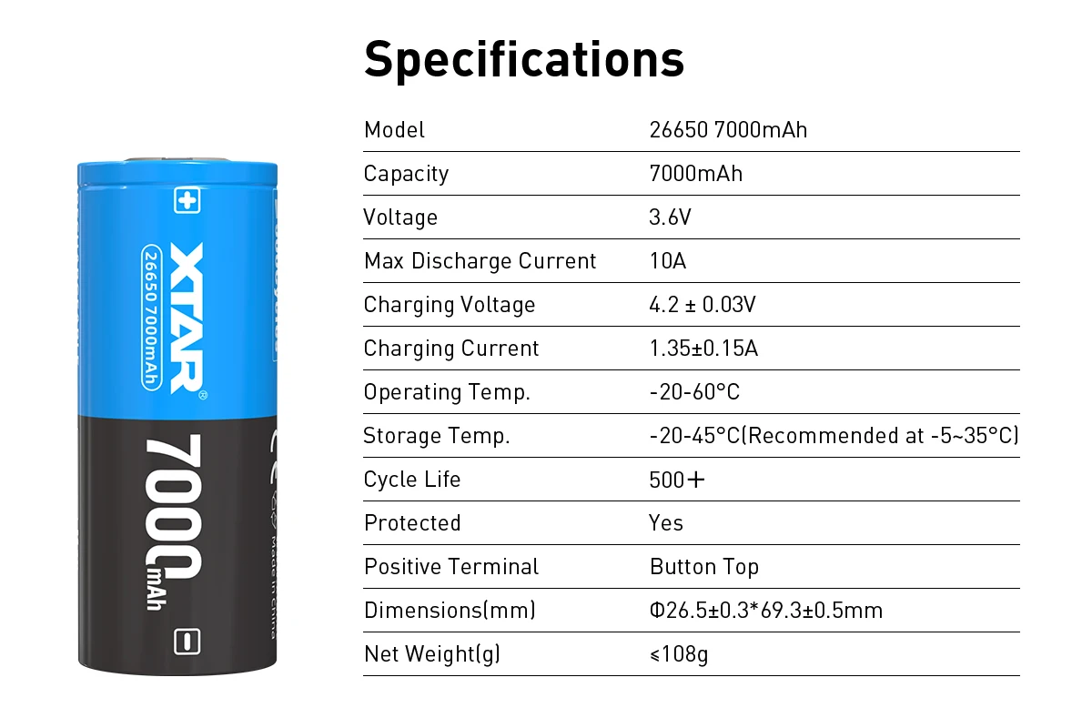 XTAR 2/4PCS 3.6V 26650 7000mAh Rechargeable Li-ion Battery 10A Output 500+ Cycles with  protective plate -20℃~60℃