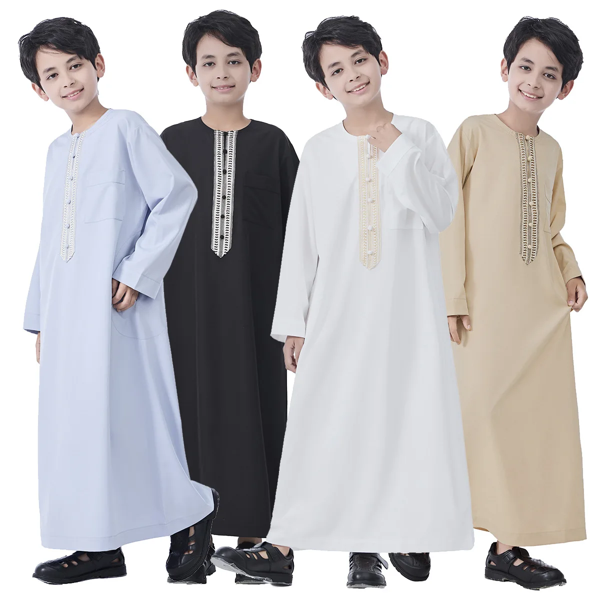 Ramadan Musulmano Bambini Ragazzi Jubba Thobe Button Abaya Arabo Medio Oriente Adolescente Abiti a maniche lunghe Ramadan Daffah Abbigliamento islamico