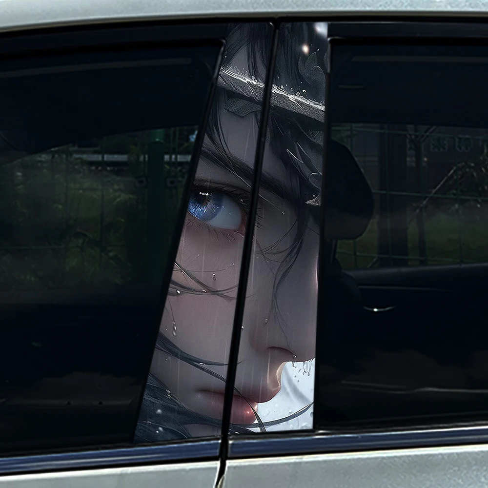 

2PCS Fantasy Anime Girl Car B Pillar Sticker Waterproof Vinyl Decal Rainy Blue Eyes Peek Window Decor Auto Exterior Accessory