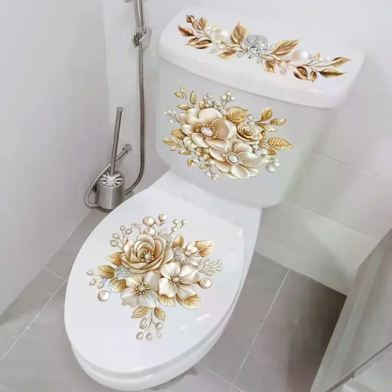 Luxury Gold Pearl Floral Toilet Sticker Waterproof Self-Adhesive Bathroom Decor Sticker Wall Stickers Home Decoration Stickers