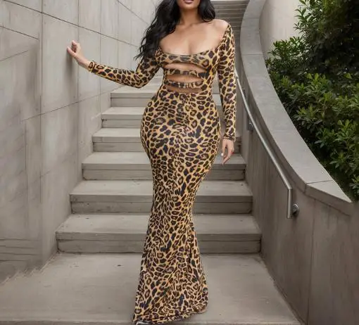 

Womens Dresses 2025 Spring Autumn New Fashion Leopard Print Square Neck Hollow Out Long Sleeve High Waist Bag Hip Long Dress