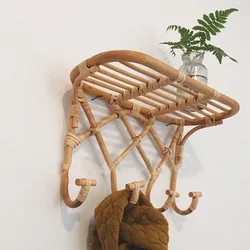 Ins Natural Rattan Weaving Clothes Hanger Kids Bedroom Closets Storage Rack Organizer Coat Hat Hooks Towel Handbag Holder