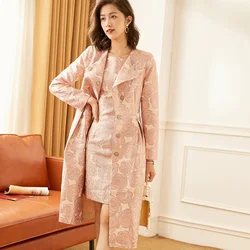 tailor shop custom made pink big flower jacquard weaving temperament brocade long coat dress pink rose pattern  formal dress