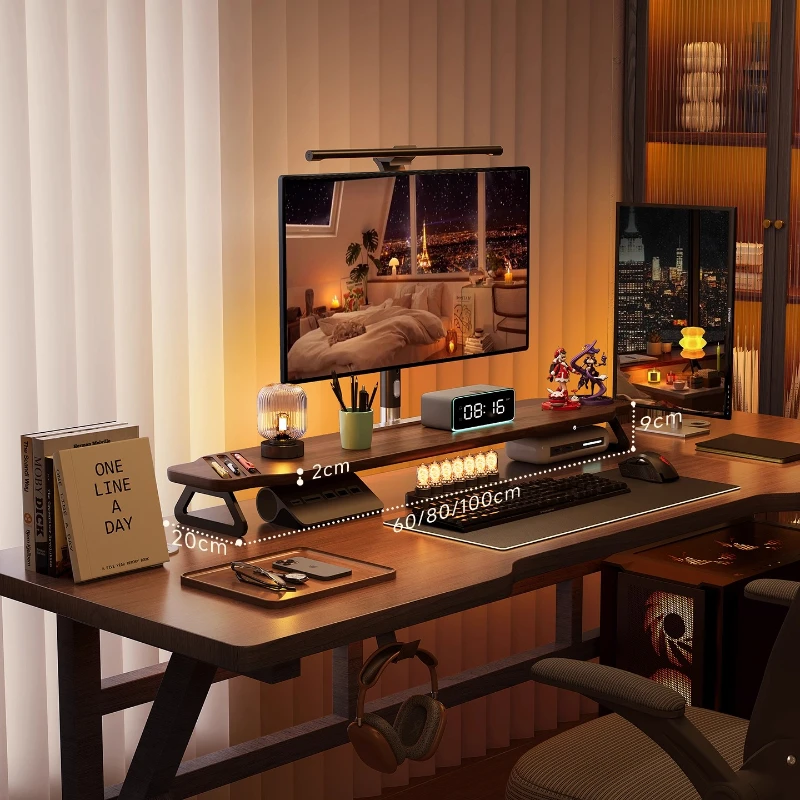 Walnut Wood Monitor Stand Riser with Keyboard Storage And Cable Management Desk Computer Screen Elevator Organizer Desktop Shelf