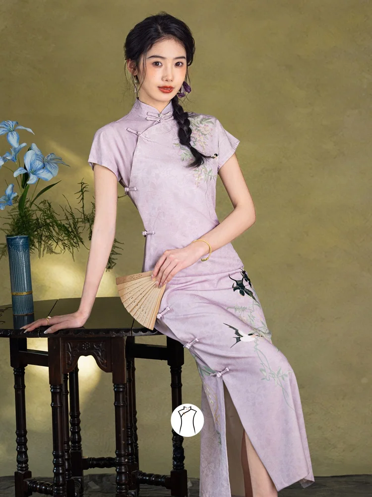 

Ретро-платье-ципао с длинными рукавами, белое, с фиолетовыми акцентами, для молодых девушек, нежное и мягкое, в китайском стиле