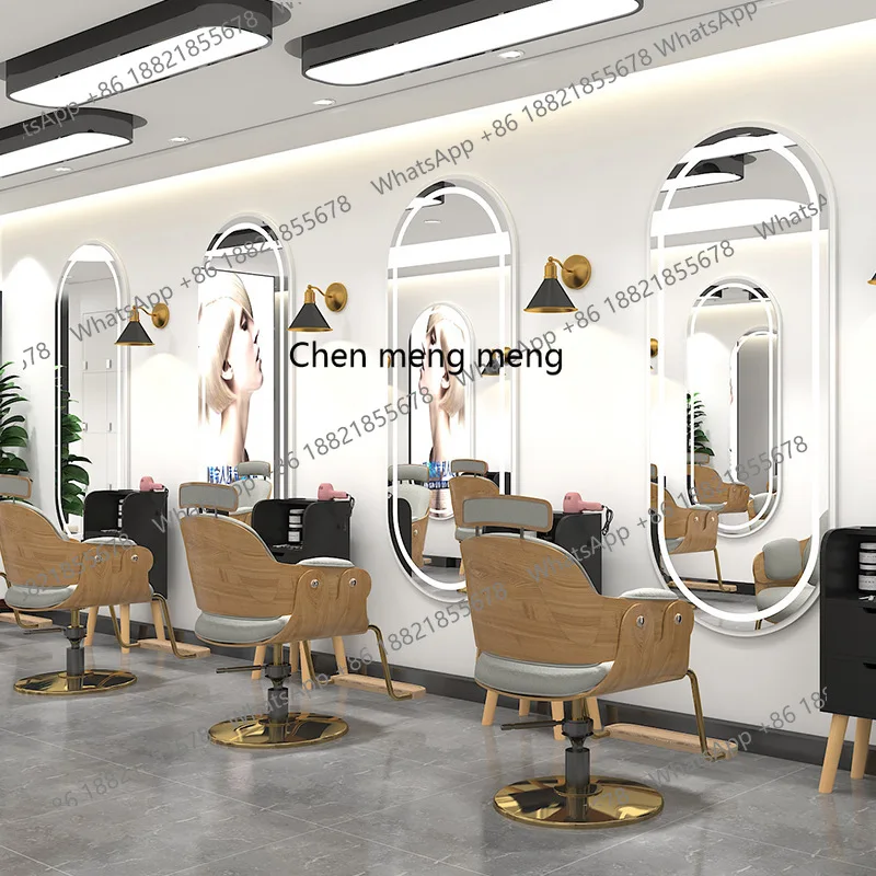 

Barber Shop Oval Mirror Hair Salon Single and Double Sided Hair Salon Floor Mirror Table Full Body Mirror with Light