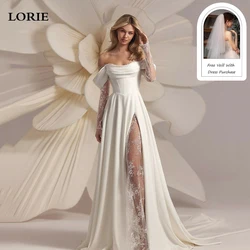 LORIE ลูกไม้แขนยาวชุดแต่งงานปิดไหล่ A-Line ชุดเจ้าสาว Backless เจ้าหญิง Appliques ชุดเจ้าสาวที่กําหนดเอง