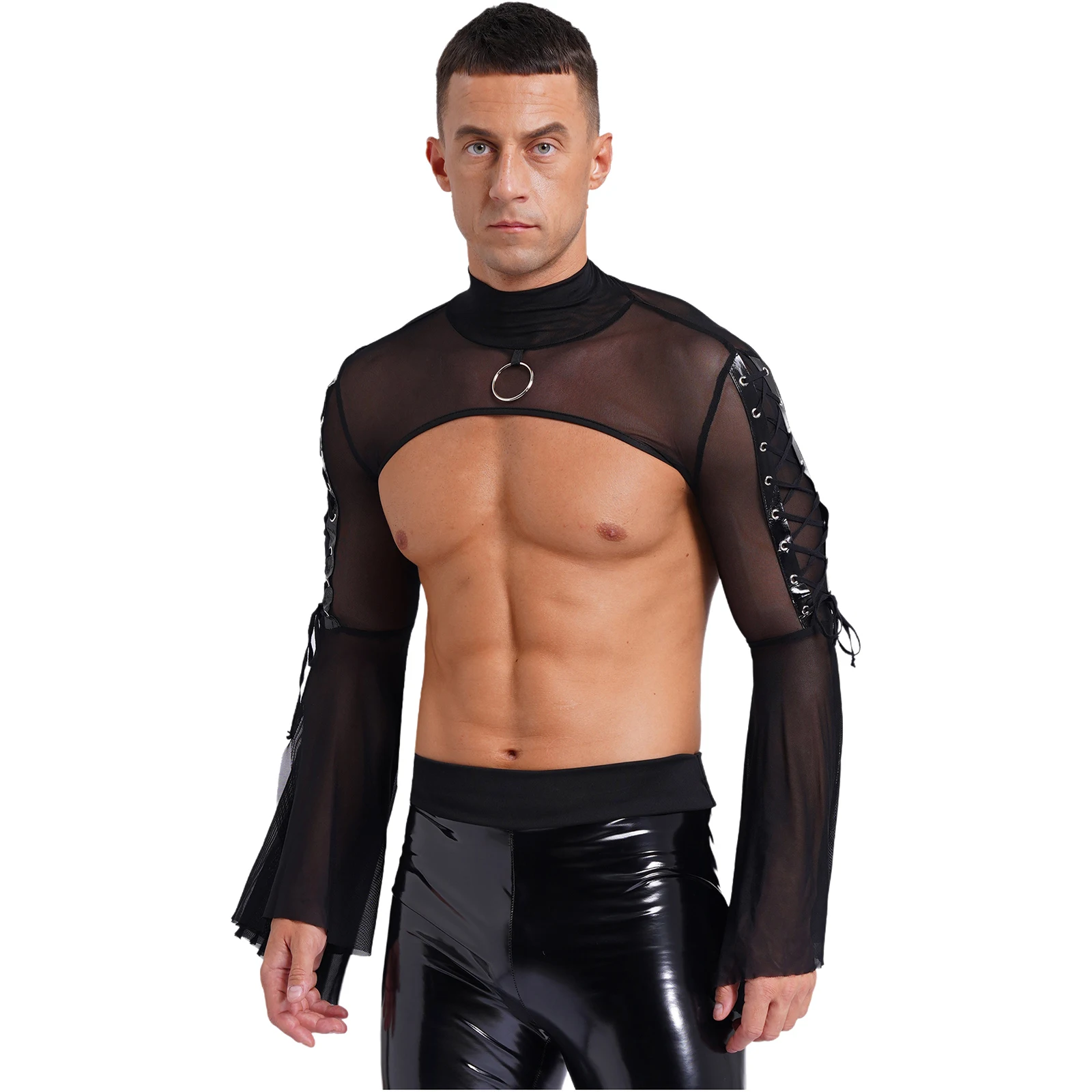 Mens Gothic Punk Flare Sleeve Crop Top See-through Mesh Shrug Mock Neck O-Ring Lace-up Tops Rave Theme Party Cosplay Clubwear