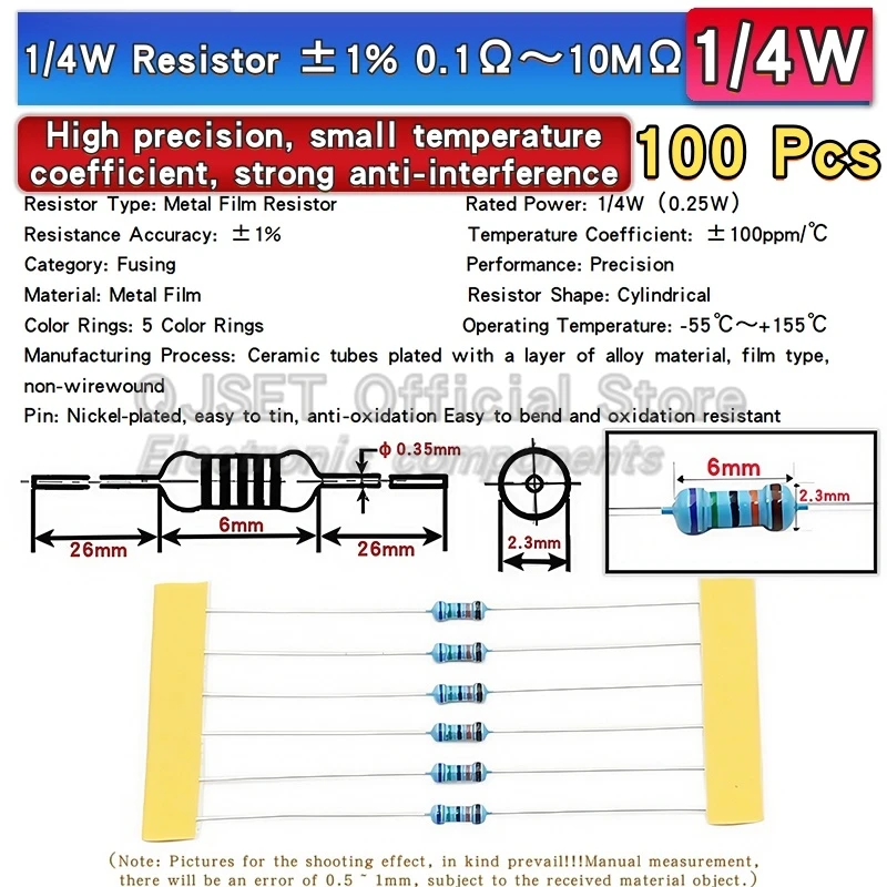 100pcs 1/4W Metal Film Resistor Element 1% 0.25W 1K 1.5K 2.2K 4.7K 10K 22K 47K 100K 470k 100 220  4K7 Ohm 5 Color Ring Resistors
