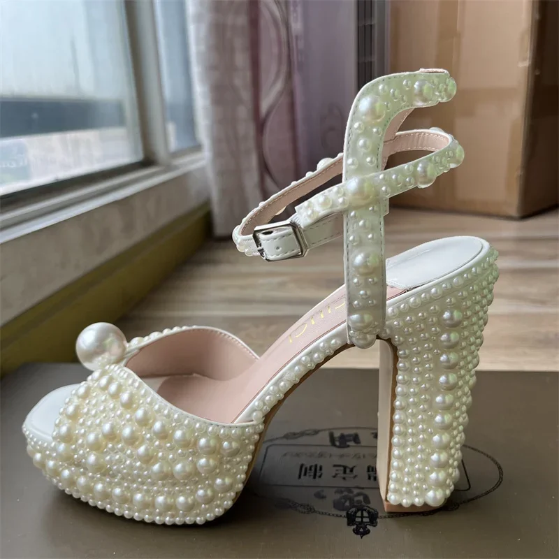 Fully Handmade Pearl Thick Heeled Fish Mouth Sandals Wedding Bride Banquet Fashion Waterproof Platform High Heel Women\'s Shoes