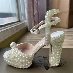 Fully Handmade Pearl Thick Heeled Fish Mouth Sandals Wedding Bride Banquet Fashion Waterproof Platform High Heel Women's Shoes