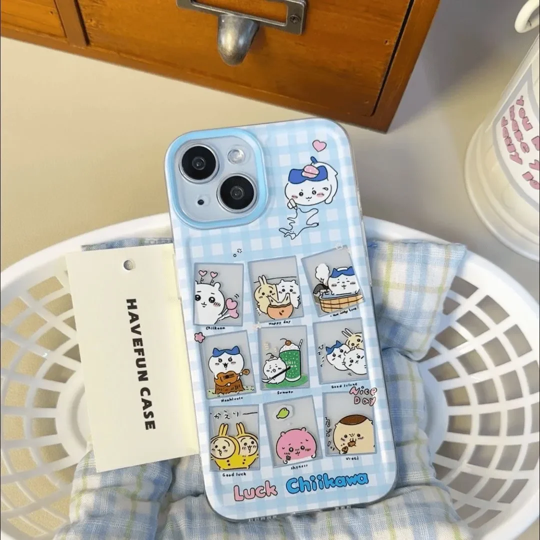 Nine-Square Grid Chiikawa Blue Pink Couple Phone Case For iPhone 16 15 14 13 12 11 Pro Max XR XS Max 7 8 Plus Y2K Creative Cover