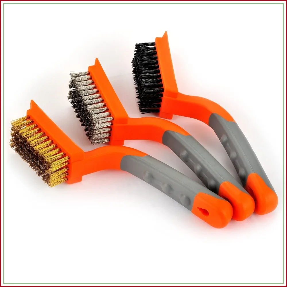 

3-Piece Wire Brush Set: Brass, Stainless Steel & Nylon for Rust & Paint Removal with Ergonomic Rubber Handle