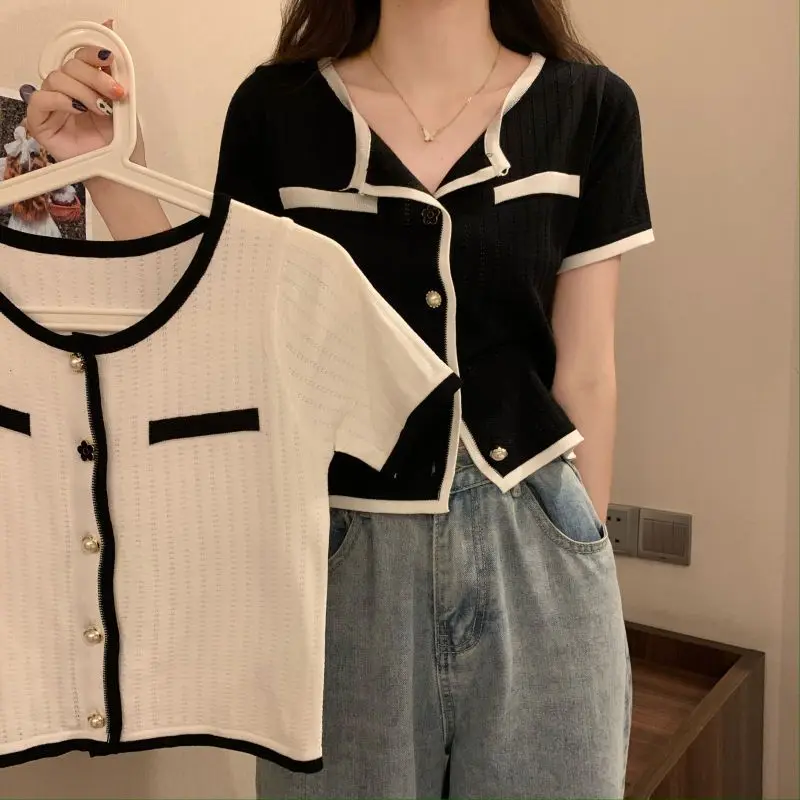 Button Ribbed O Neck Cardigan Women Korean Style Harajuku Short Sleeve Casual Patchwork Chic Elegant Tee White T Shirts Girl Top