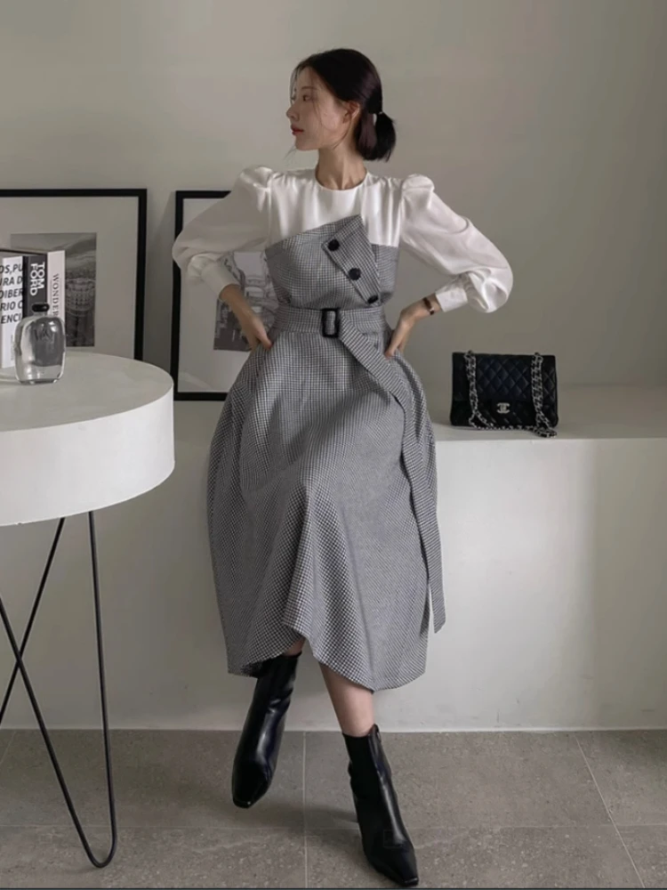 الخريف الرجعية جولة الرقبة وهمية قطعتين الربط اللباس الكورية العصرية تصميم عالية الخصر منقوشة فستان طويل الأكمام OL نمط فساتين