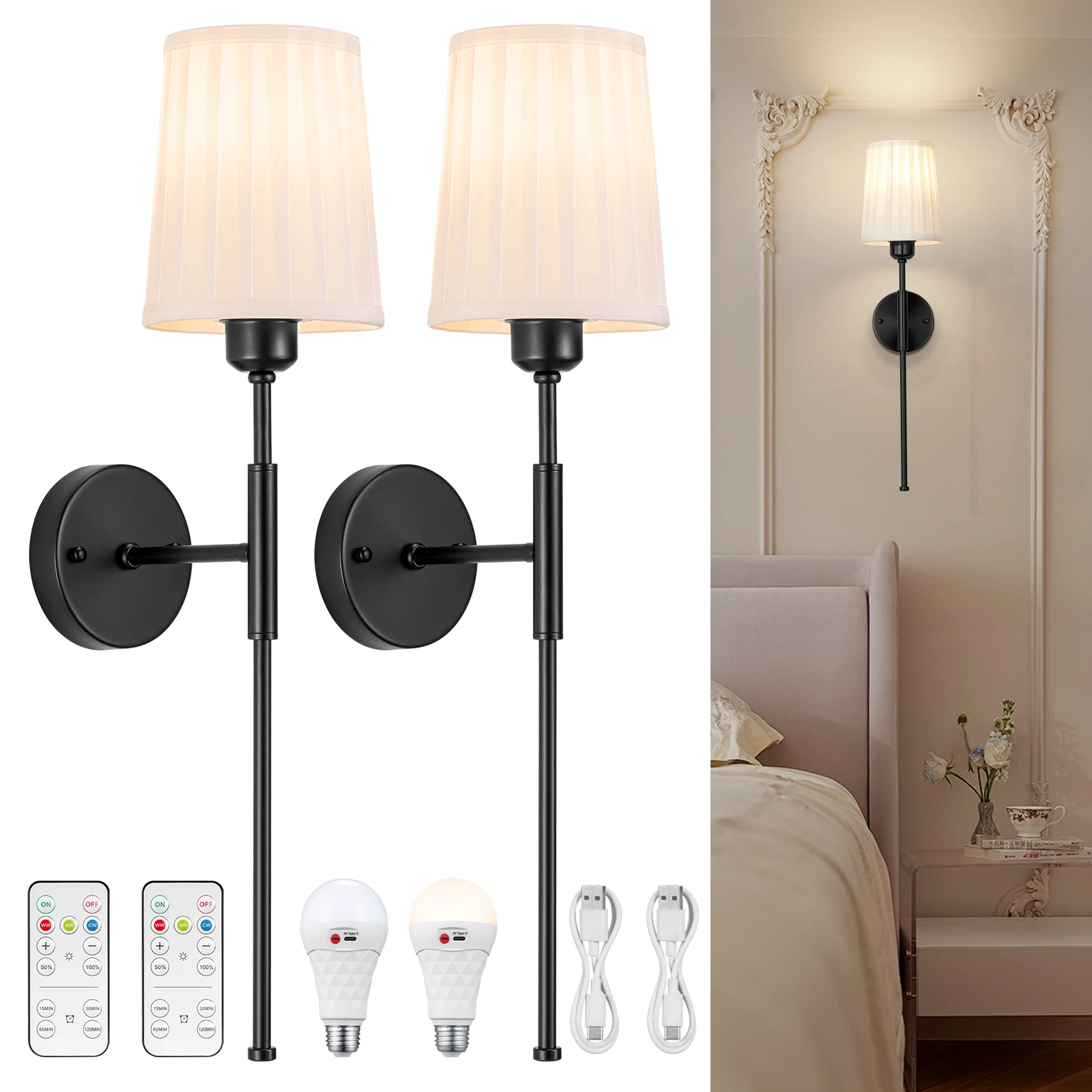 

Pleated Fabric Wall Sconces Battery Operated, Wireless Sconces Set of 2 with Removable Tail Pole