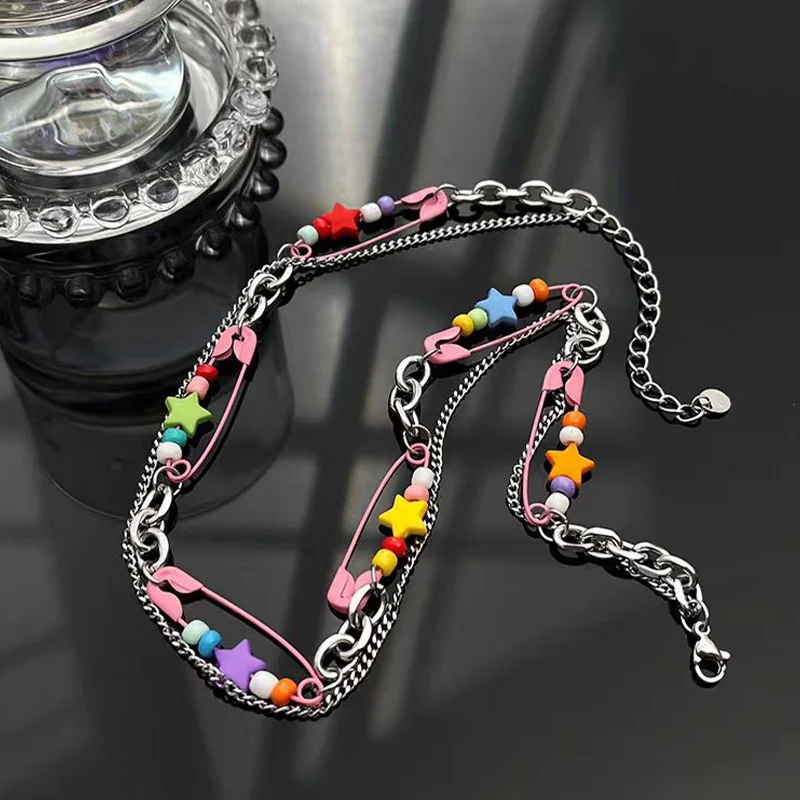 Women's Pink Pin Beaded Necklace Y2K Fashion Elegant Design Student Birthday Handmade Jewelry Accessory for Clothing 2026 New