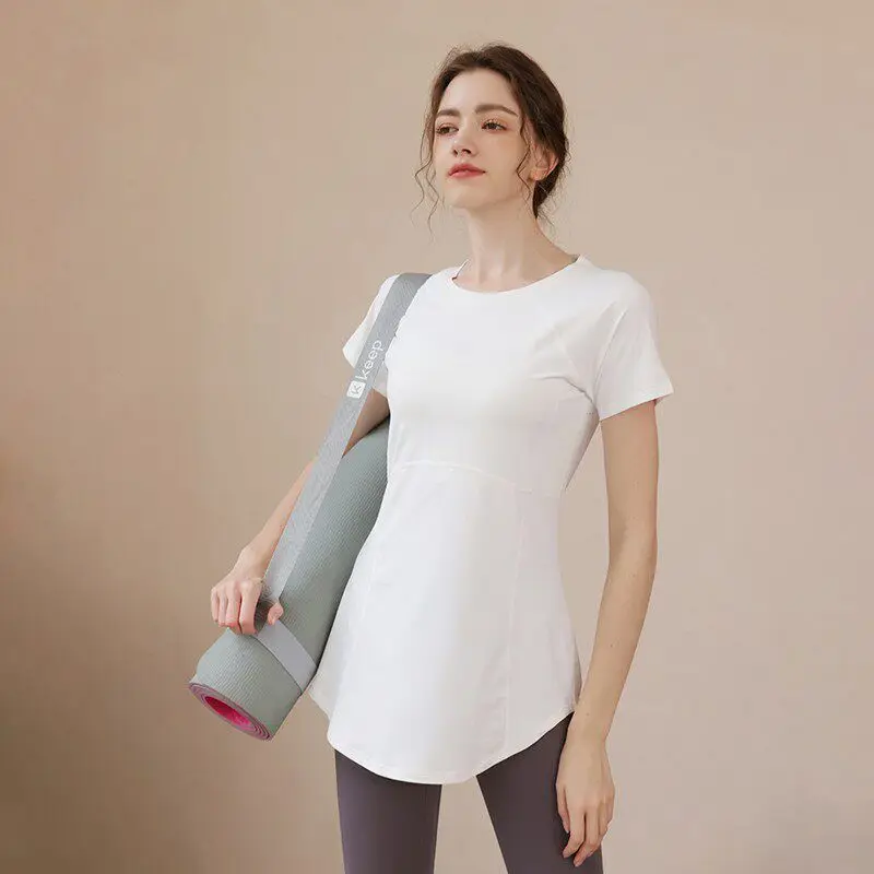 Casual Mid-Length Yoga Wear Women Summer New Butt Cover Slimming Morning Run Sport Top Short Sleeve Fitness T-Shirt