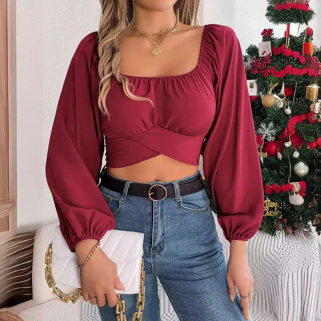 Real Time Shooting of Spring and Summer Casual Lantern Sleeves Tied Waist Chiffon Shirt Exposed Navel Top Women's Clothing