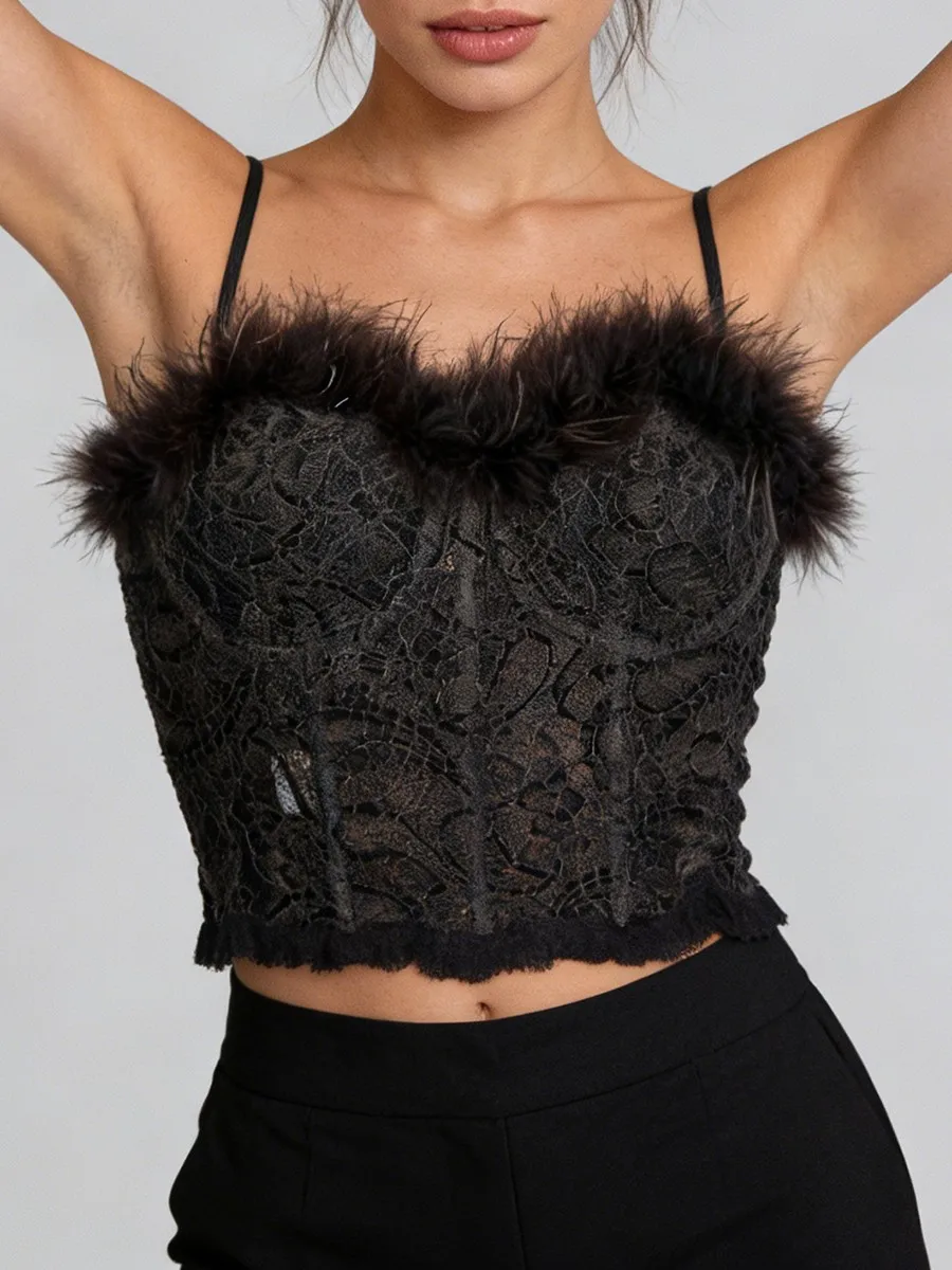 TWOTWINSTYLE Sexy Slimming Spliced Feathers Vests for Women Square Neck Sleeveless Sheer Patchwork Lace Fashion Vest Female New