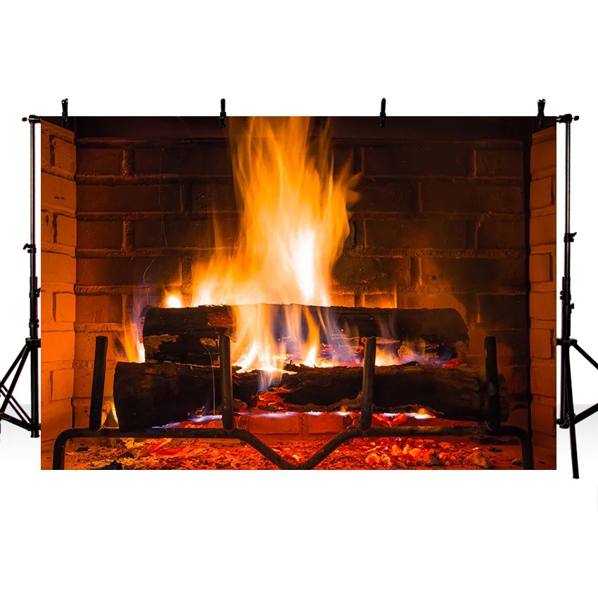 Fireplace Fire Flame Background Winter Brick Wall firewood  Christmas  Backdrop Decoration Customize Photography Studio Props