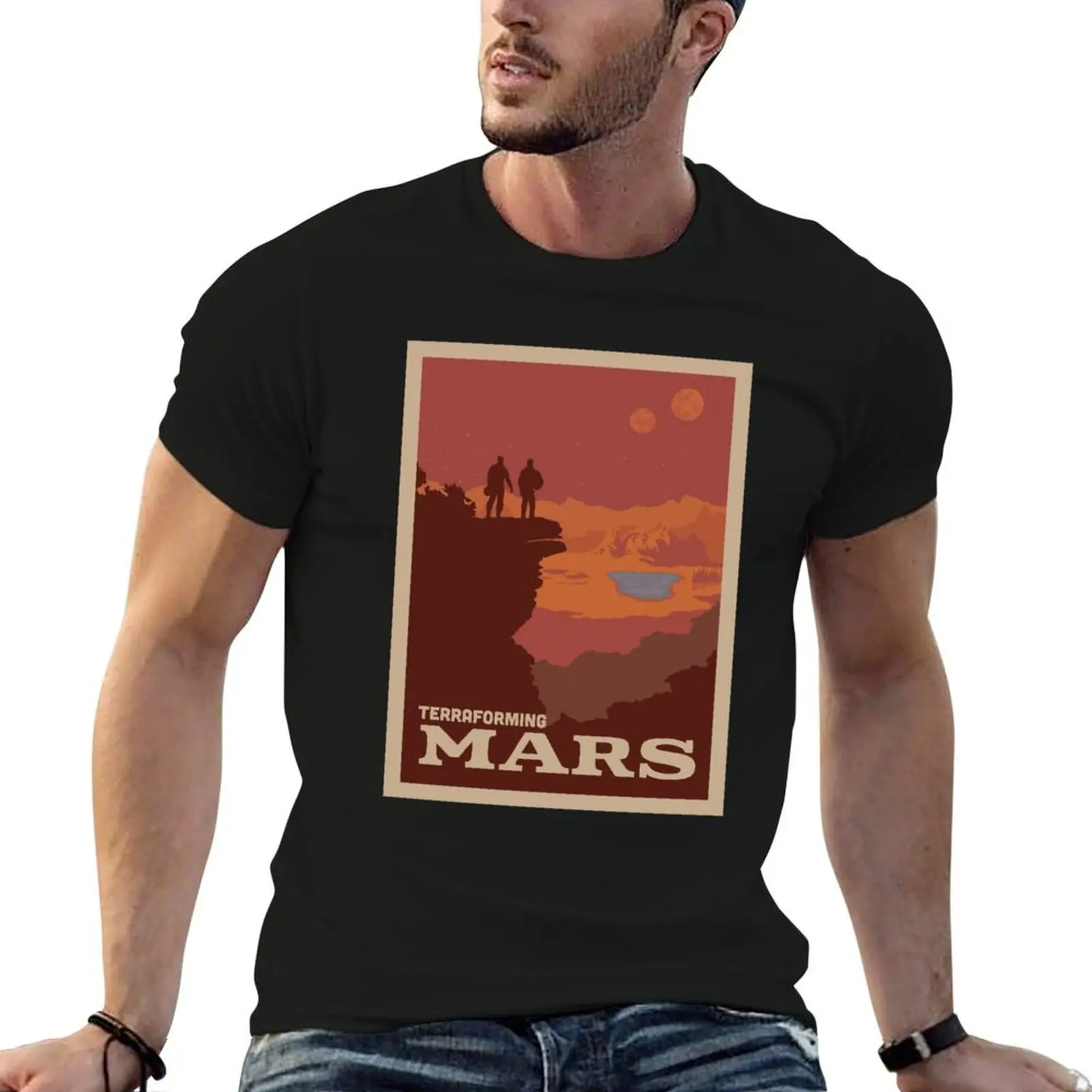 Настольная игра Terraforming Mars - Минималистичный дизайн в стиле туристического плаката - Игровое искусство - Футболка с изображением настольных игр - Городская повседневная футболка свободного кроя