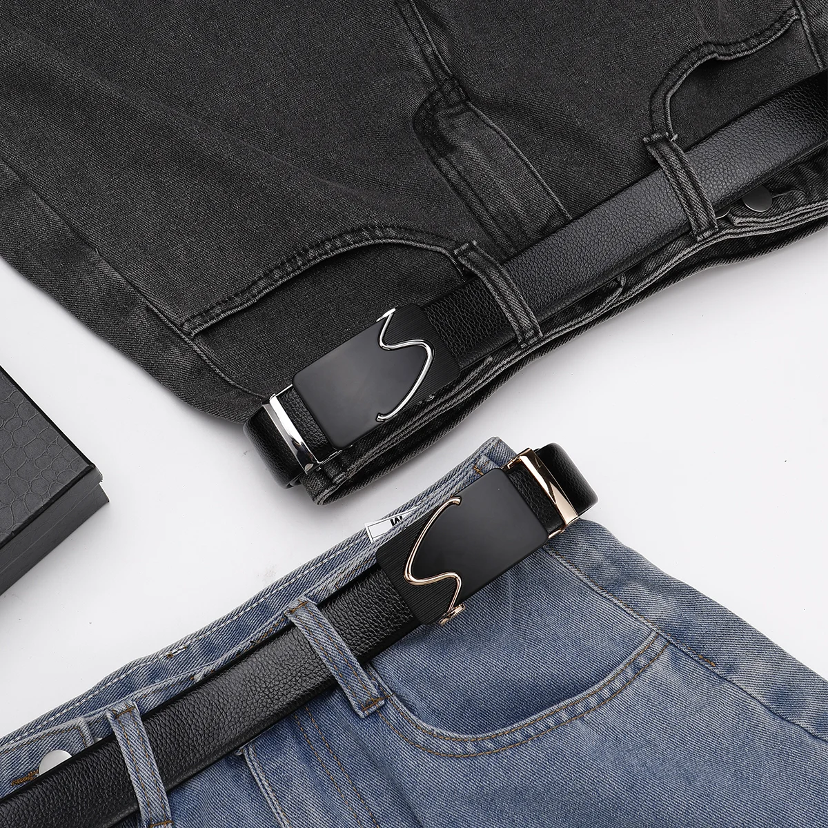 حزام أزياء رجالي، حزام بإبزيم معدني من الجلد عالي الجودة مكون من طبقتين، مناسب لسراويل العمل والجينز. #2