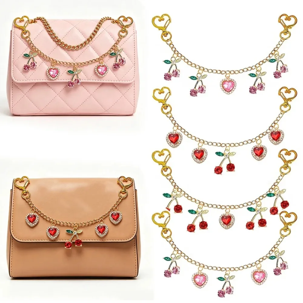 Portable Alloy Bag Charm Cherry Heart Shape Glass Stone Inlaid Handbag Dangle Bag Pendant Handbag Accessory