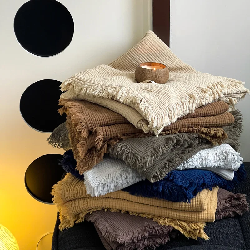 100 Percent Cotton Four Layer Gauze Tassel Blanket Maillard Waffle Texture Soft Breathable Throw For Office Nap Bed Woven