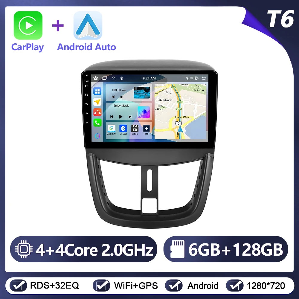 Podofo draadloze CarPlay Android Auto autoradio voor Peugeot 207 2009-2013 GPS navigatie 2Din multimediasysteem autoradio stereo